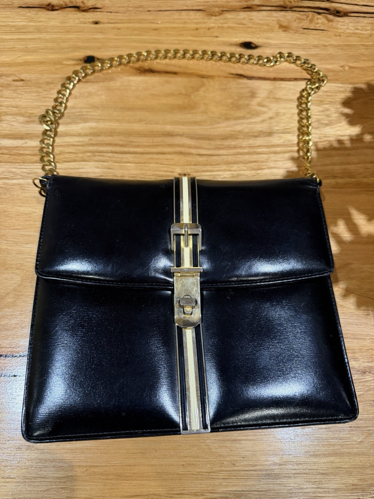 Vintage 1960s Cartner London Melbourne Handmade Black Hide Handbag Gold Chain