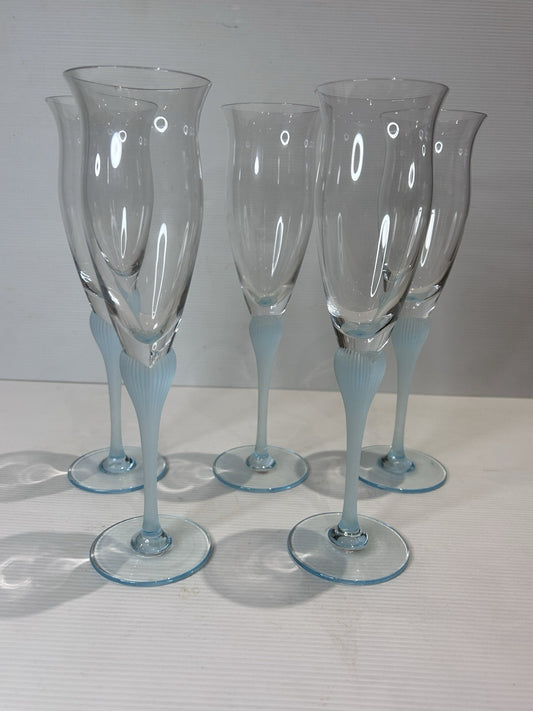 Vintage West German Champagne Glasses x5 – Frosted Blue Stem – 23cm – 1 Chip