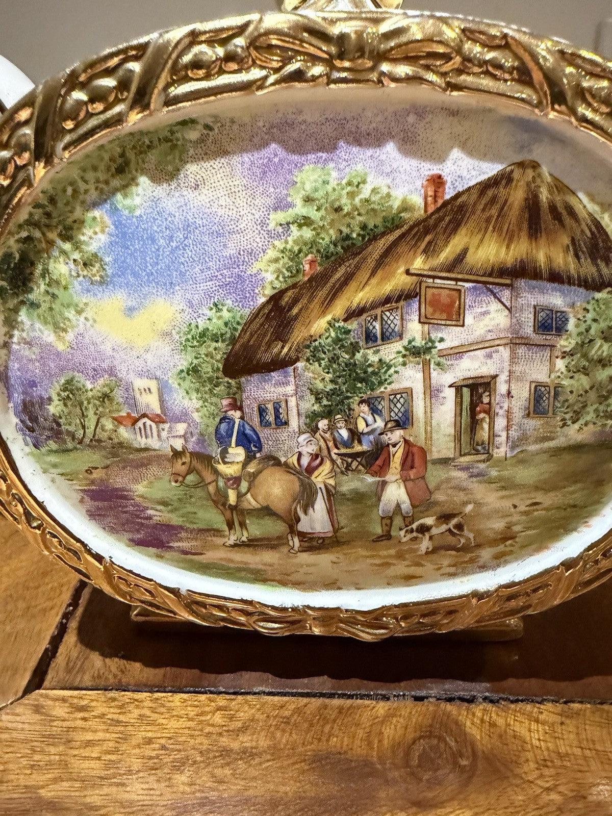 Vintage Teapot Sadler Style Cottage Scene Gold Gilt Transferware England