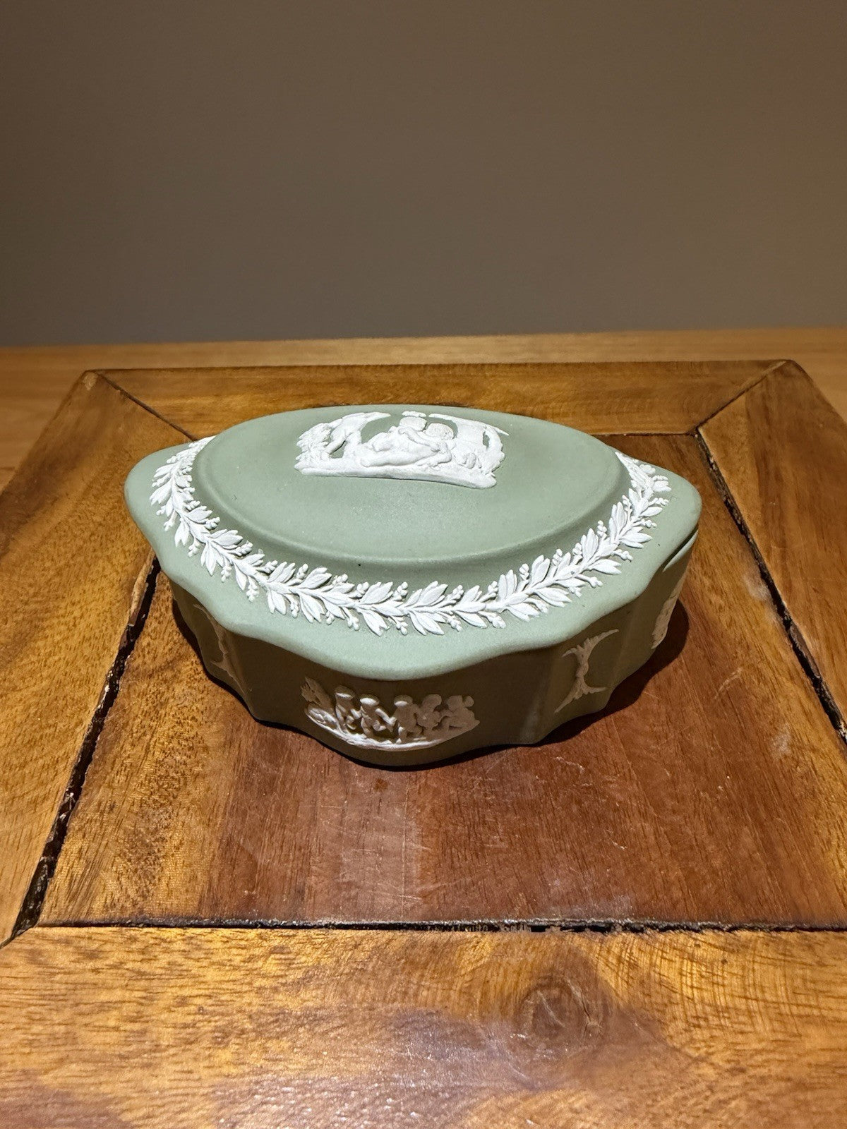 Wedgwood Jasperware Trinket Box Green Jasper Lidded Dish England
