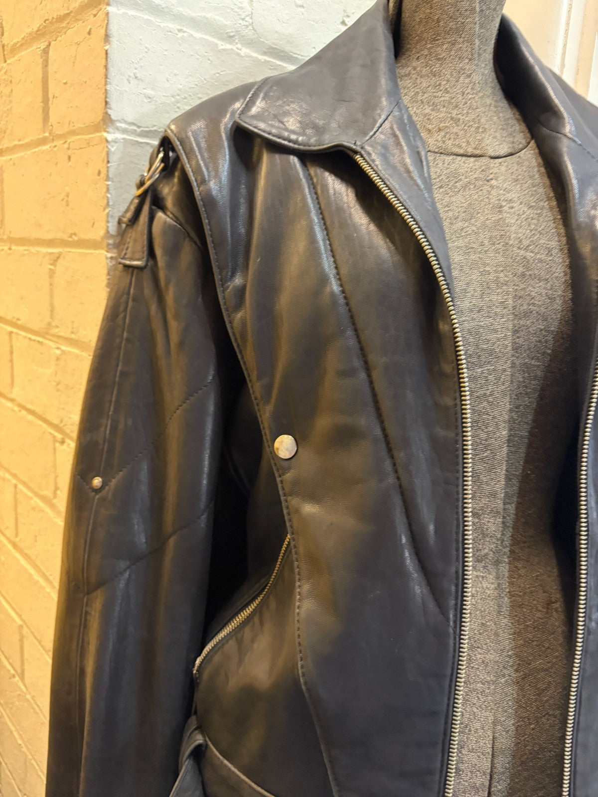 Vintage Black Leather Biker Jacket Belted YKK Zip Quilted 80s 90s