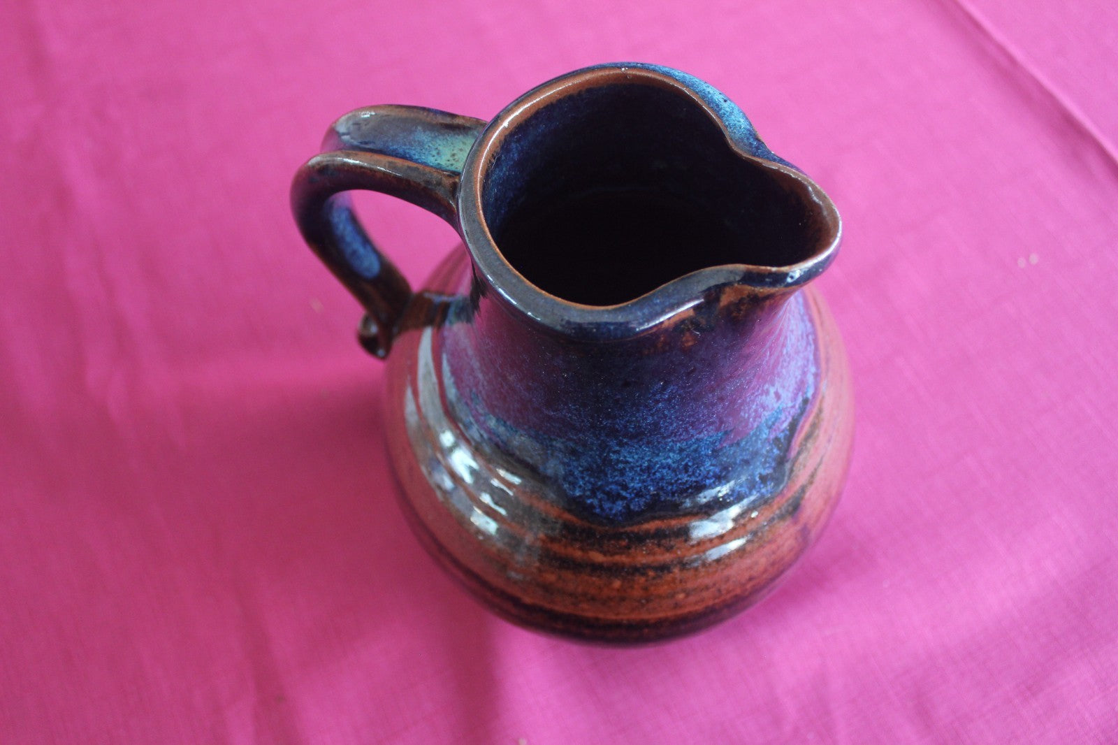 Vintage Studio Pottery Jug / Pitcher – Blue & Iron Brown Glaze – Signed Base
