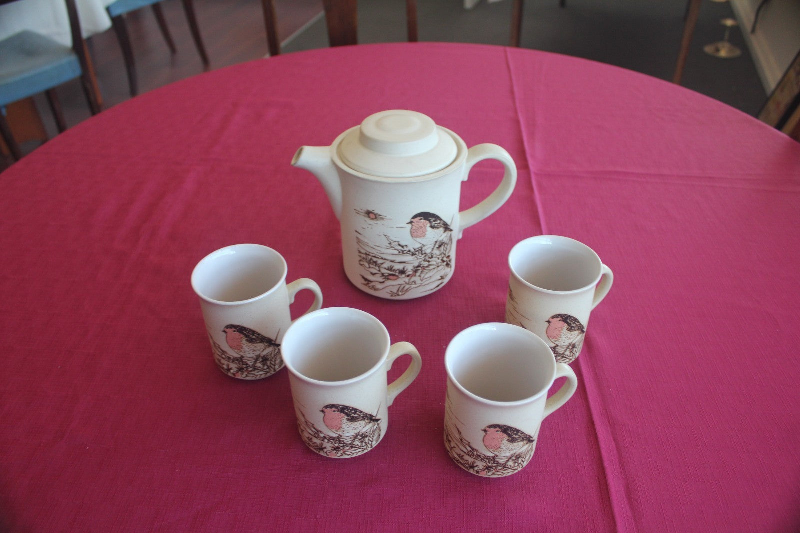 Vintage Ashdale Pottery England Robin Tea Set – Teapot + 4 Mugs – c1981