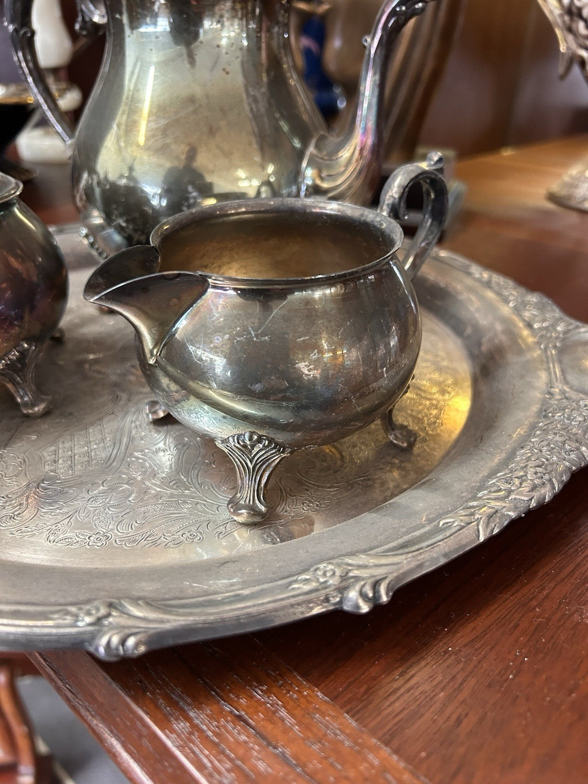 Rodd Silverplate Tea Set w Grosvenor Tray Teapot Sugar Creamer Vintage 