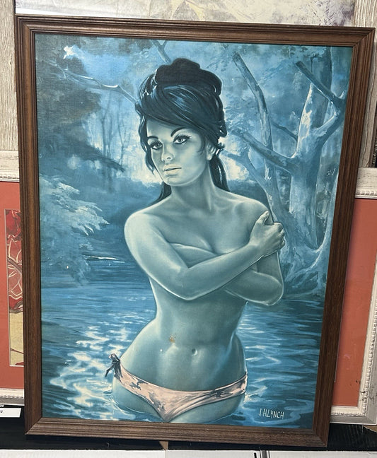 Vintage J.H. Lynch Blue Lady Print – Framed Retro Art – 1960s Kitsch Decor