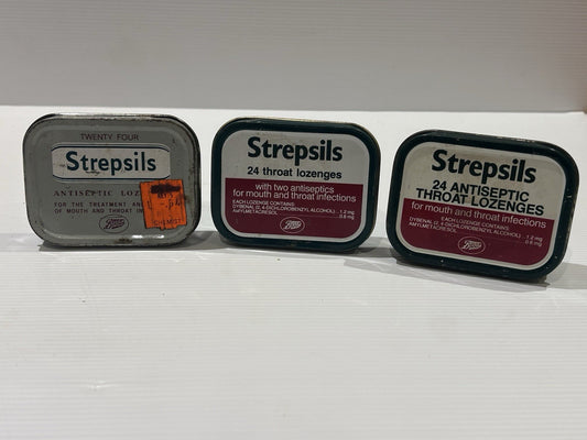 Vintage Strepsils Tin Trio – Boots Antiseptic Throat Lozenges Advertising Lot