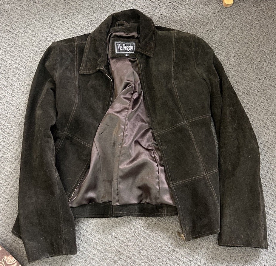 Via Reggio Genuine Leather Jacket Womens Size 12 Dark Brown YKK Zips EUC