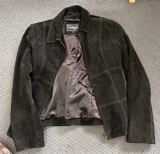 Via Reggio Genuine Leather Jacket Womens Size 12 Dark Brown YKK Zips EUC