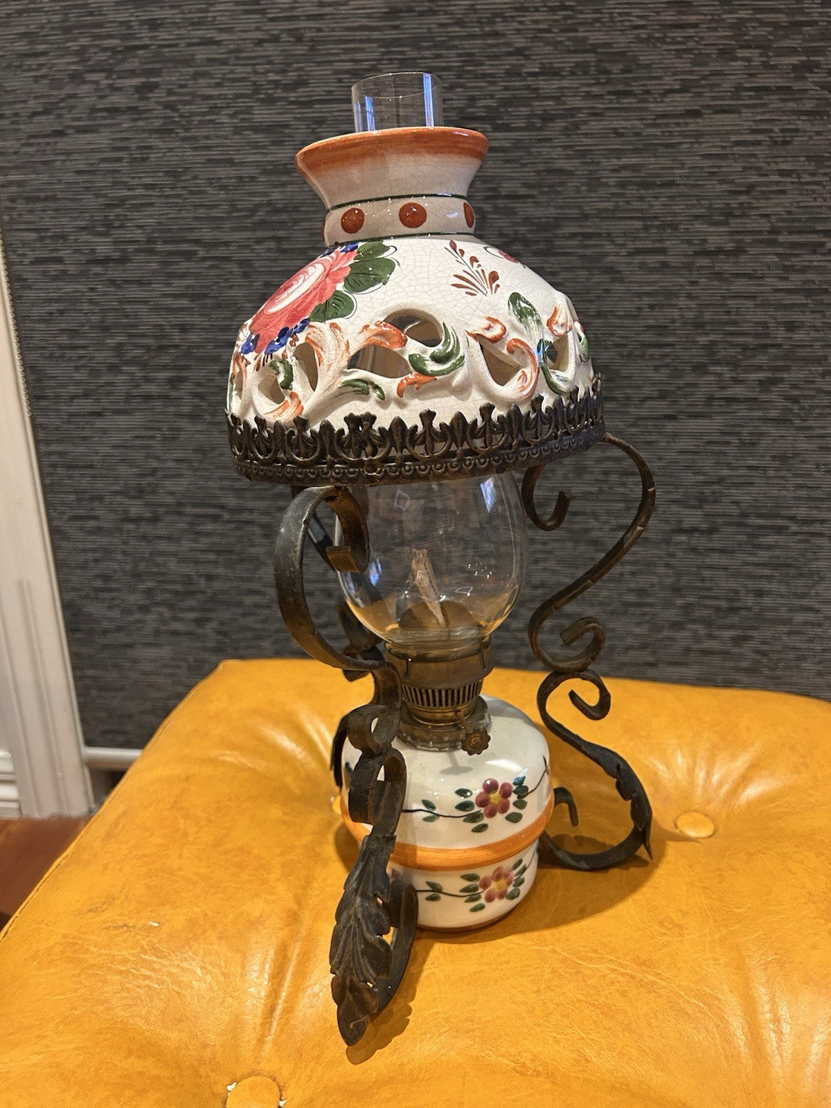 Vintage Italian Style Ceramic & Wrought Iron Oil Lamp – Tuscan Revival 1970s