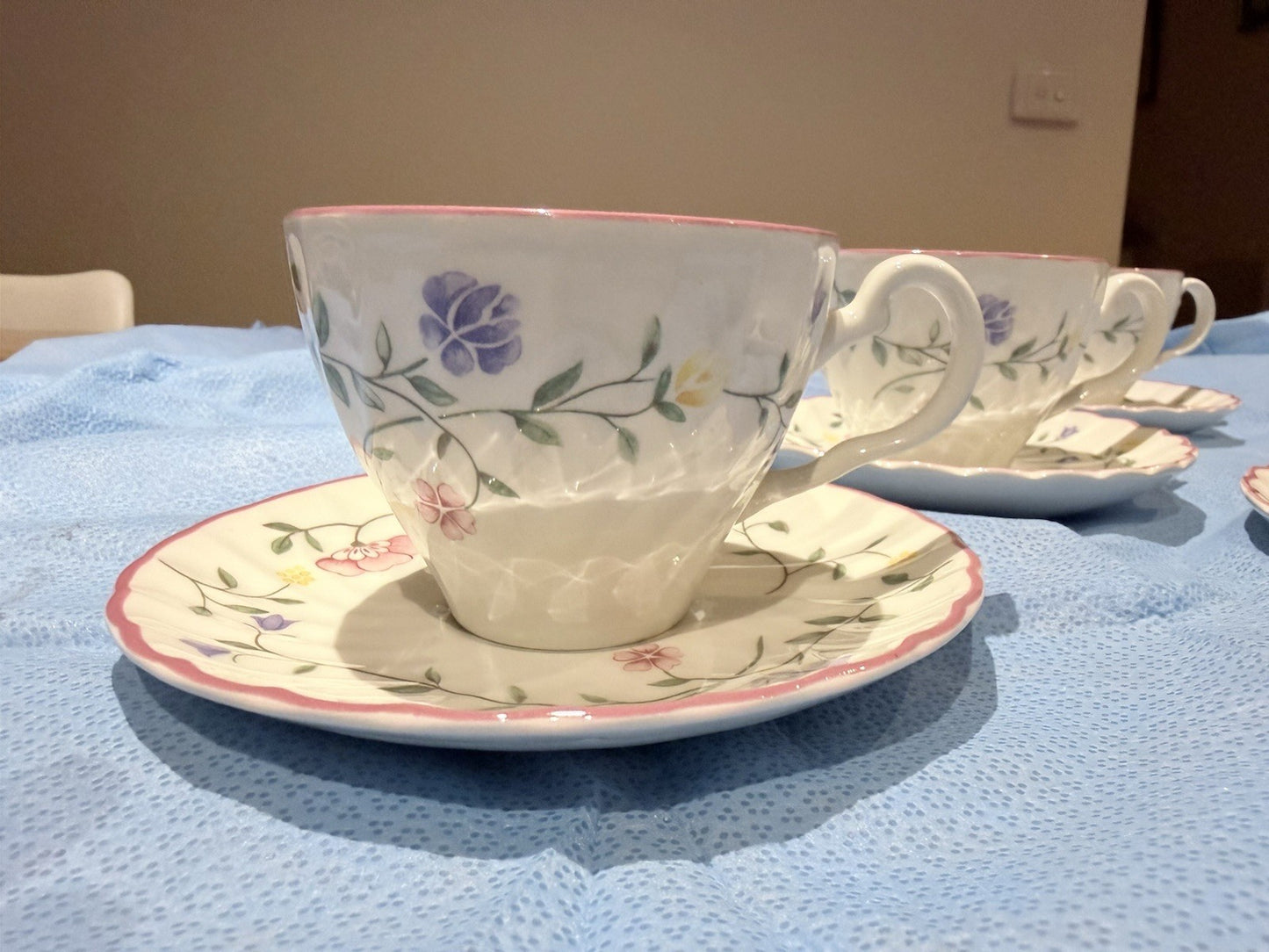 Johnson Brothers Tea Cups Saucers Set 5 Floral Pink Trim England Vintage