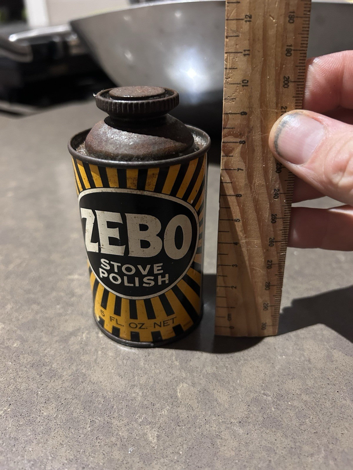 Vintage Zebo Stove Polish Tin Can 5 fl oz Zebra Brand Retro Graphics