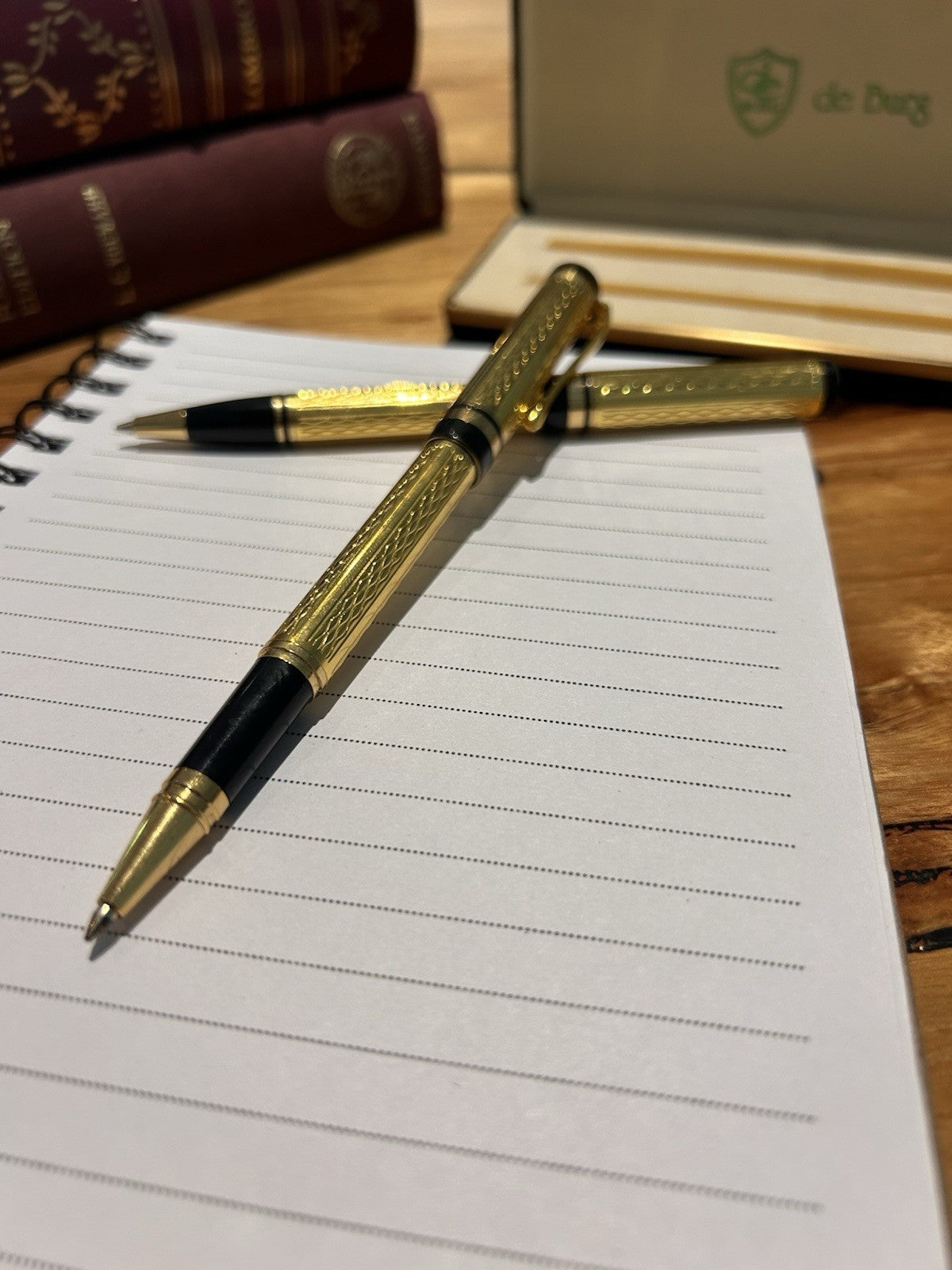 Vintage de Burg Gold Tone Ballpoint Pen Set Boxed With Warranty Card