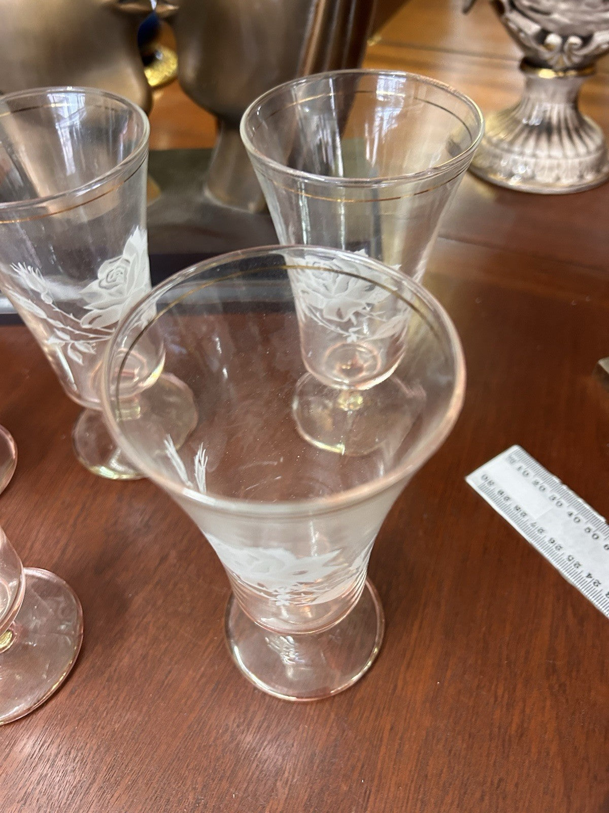 Vintage Etched Rose Glass Goblets Set of 5 Gold Rim Blush Pink Stemware 