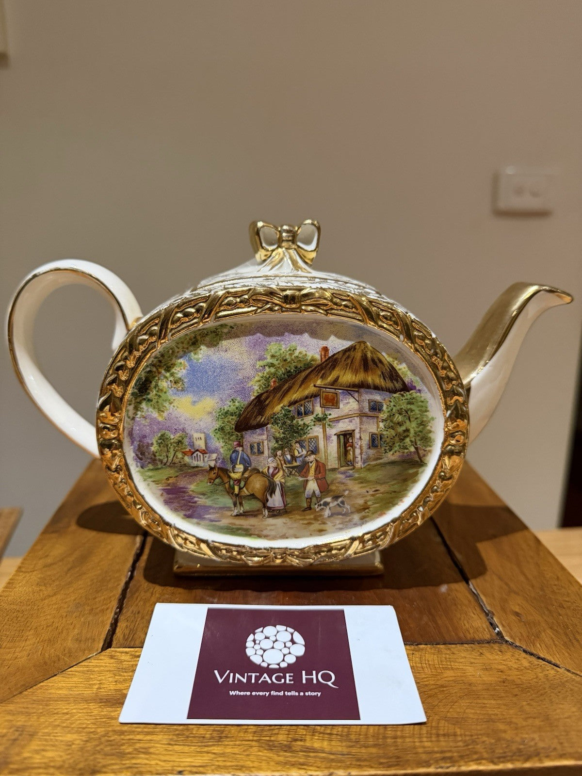 Vintage Teapot Sadler Style Cottage Scene Gold Gilt Transferware England