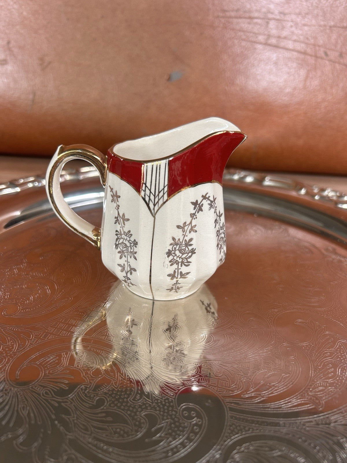 Sadler England Small Cream Jug Red & Gold Floral Art Deco Style 8cm Pottery