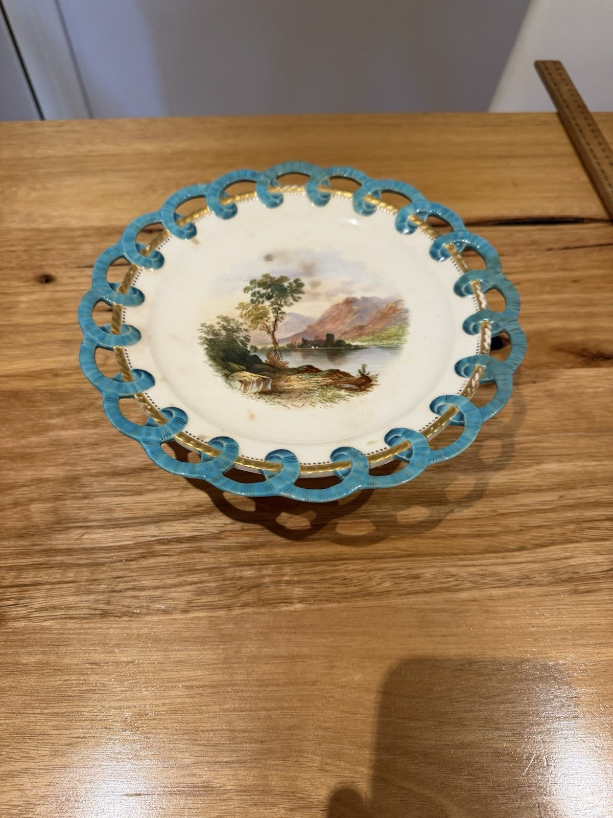 Antique Minton Style Porcelain Tazza Turquoise Pierced Rim Landscape c.1860