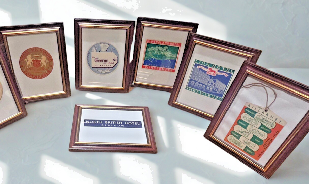 1954 Framed Grand Tour Hotel Labels  – SS Oronsay Gleeson Set