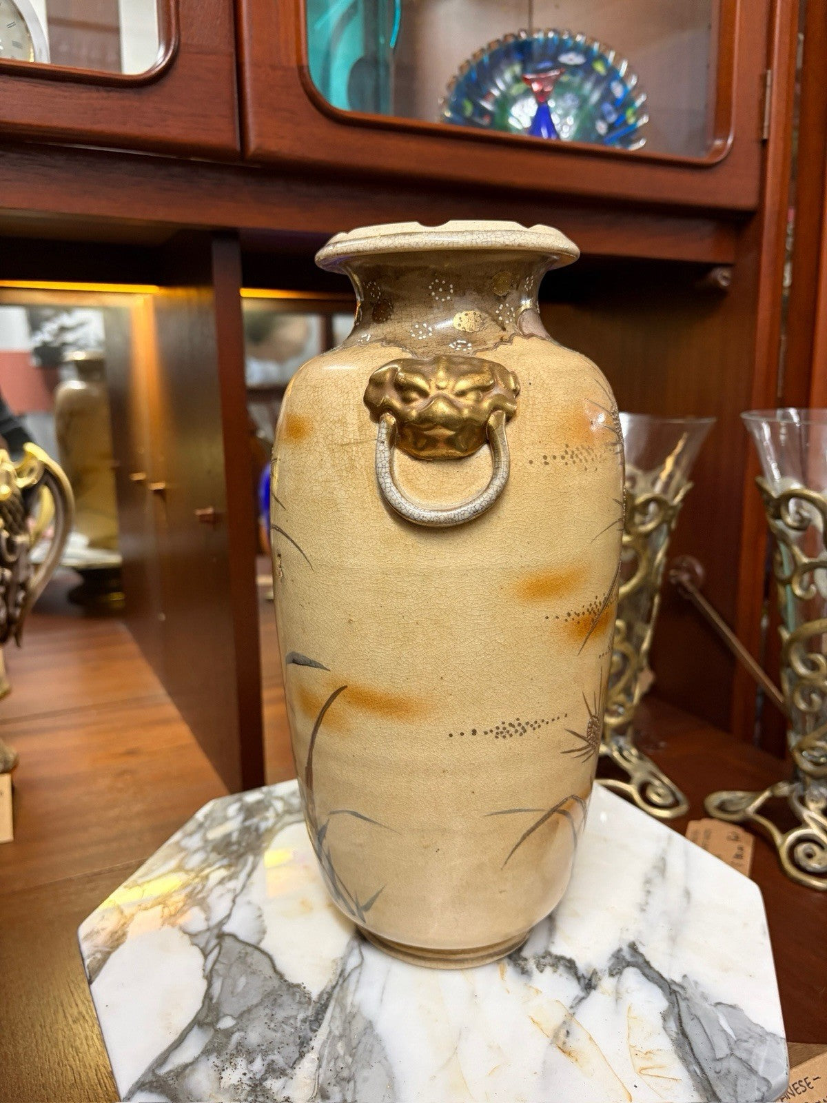 Antique Japanese Satsuma Style Vase 31cm Lion Mask Handles Meiji c1900-1920