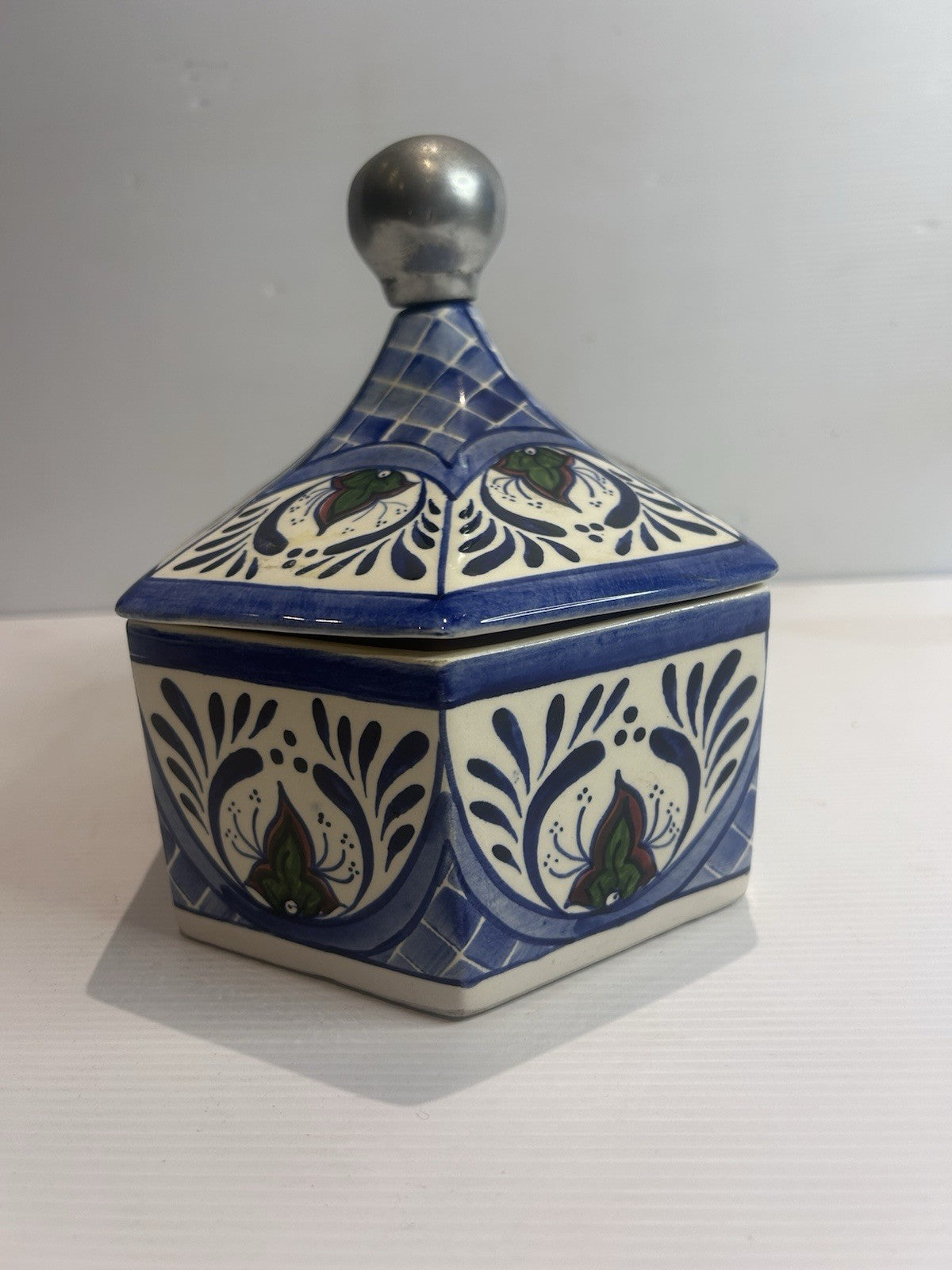 Mexican Talavera Hexagonal Lidded Pot BMT Regalos Blue Folk Art CT-08