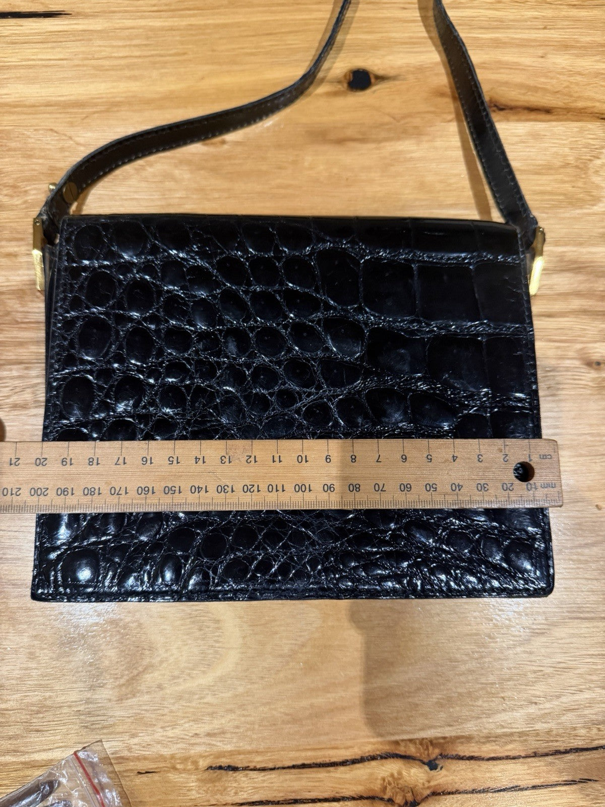 Vintage Lancel Black Leather Crocodile Effect Shoulder Bag Gold Hardware