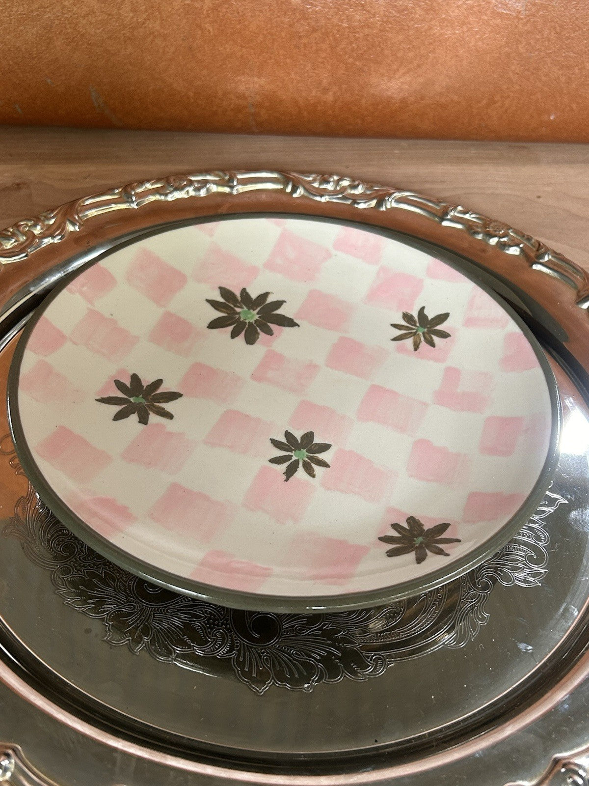 Bendigo Pottery Hand Painted Plates x2 Signed 75 – Pink Check Floral - 22cm