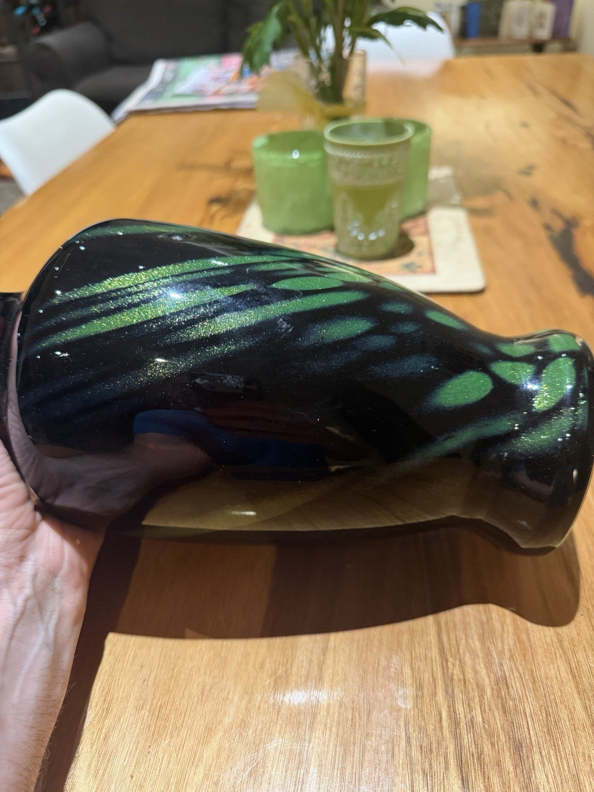 Large Black Green Aventurine Art Glass Vase Ruffled Rim 35cm Murano Style
