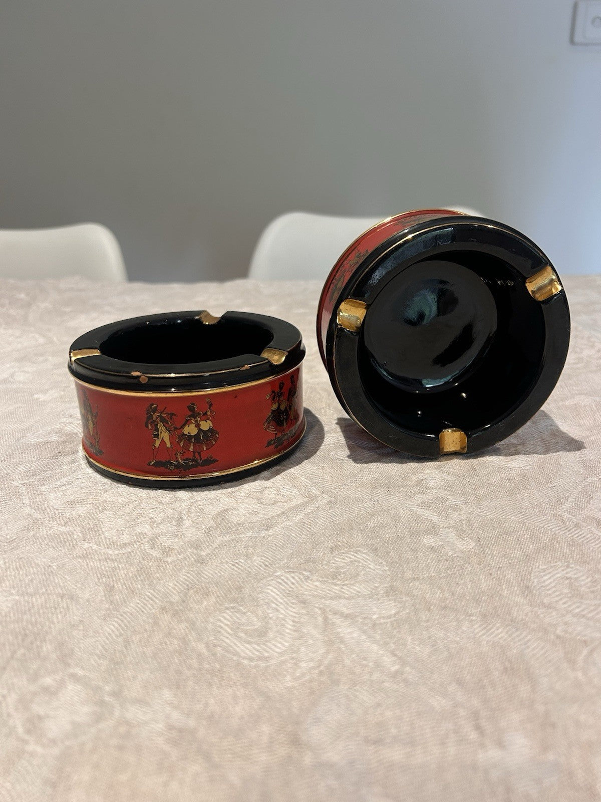 Vintage Italian Ceramiche Fiorentine Ashtrays Pair Red Black Gold c1950s 