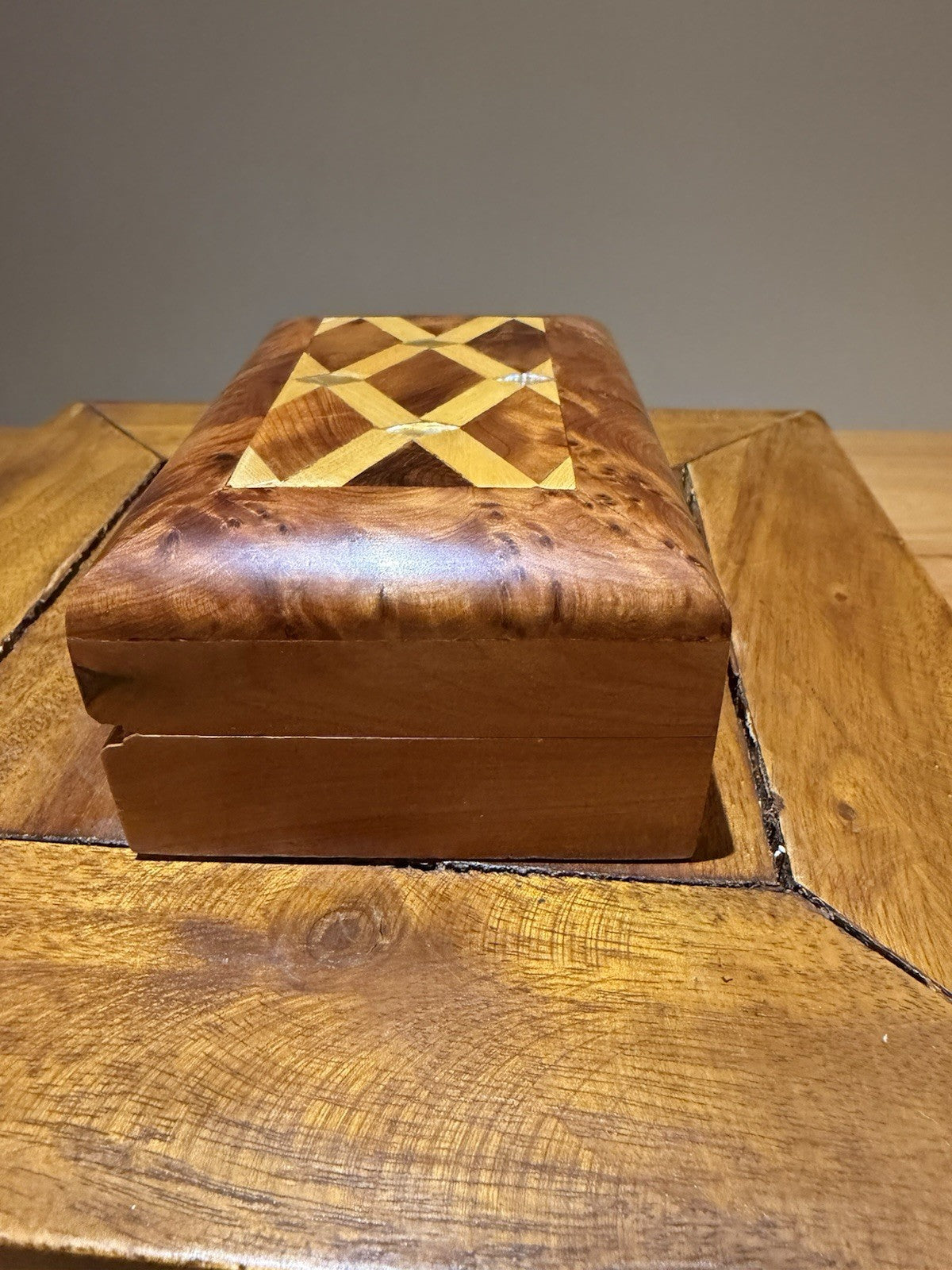 Vintage Wooden Trinket Box Inlaid Lid Burl Timber Jewellery Box