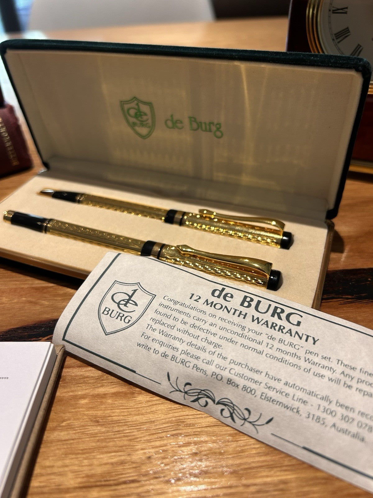Vintage de Burg Gold Tone Ballpoint Pen Set Boxed With Warranty Card