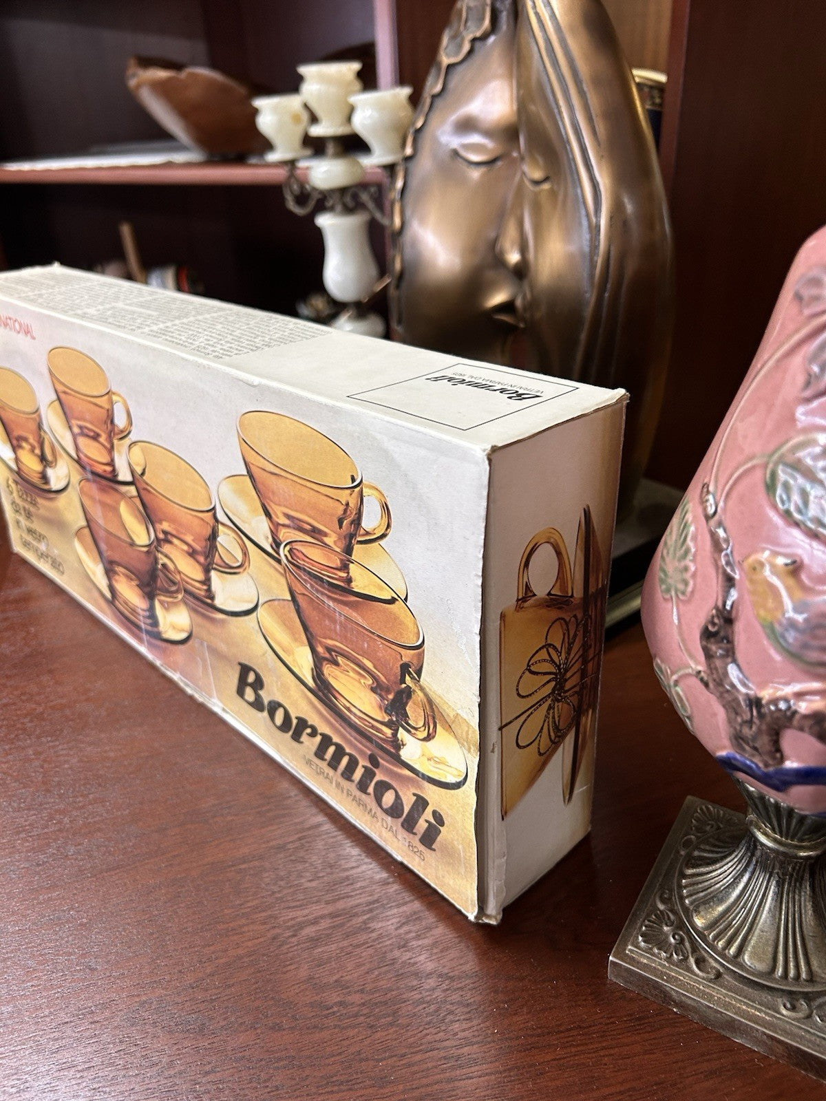 Vintage Bormioli Amber Glass Tea Set 6 Cups & Saucers Boxed Italian