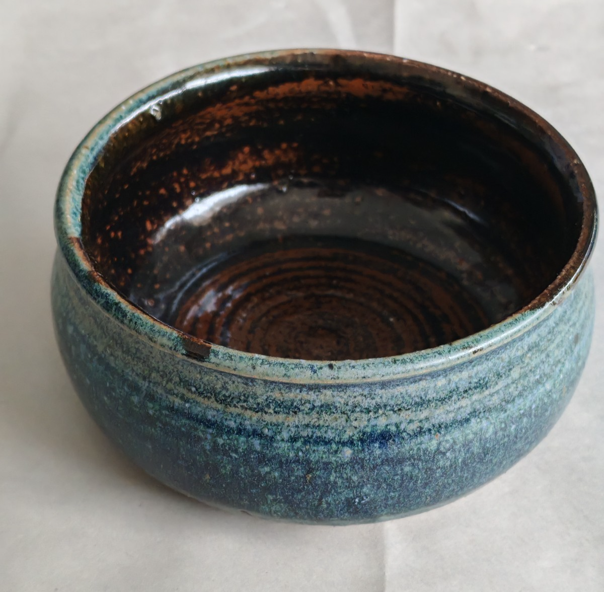 Vintage Studio Pottery Bowl – Blue Green Crystalline Glaze – Signed Base