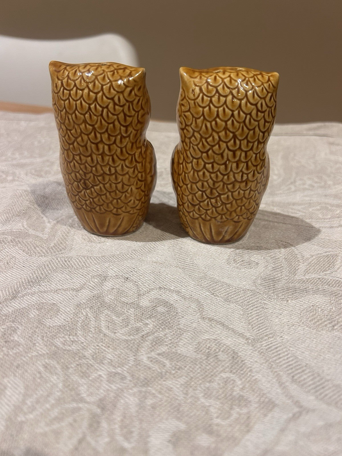 Vintage Ceramic Owl Salt & Pepper Shakers Mid Century Brown Glaze Pair