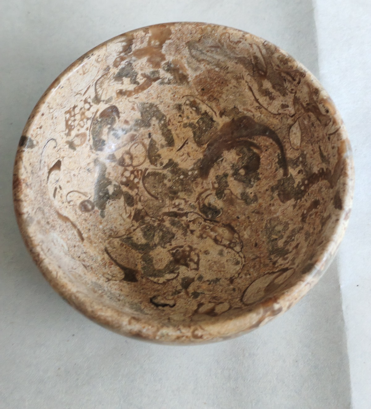 Vintage Polished Fossil Stone Bowl / Dish – Natural Earth Tones c. Mid–Late 20th