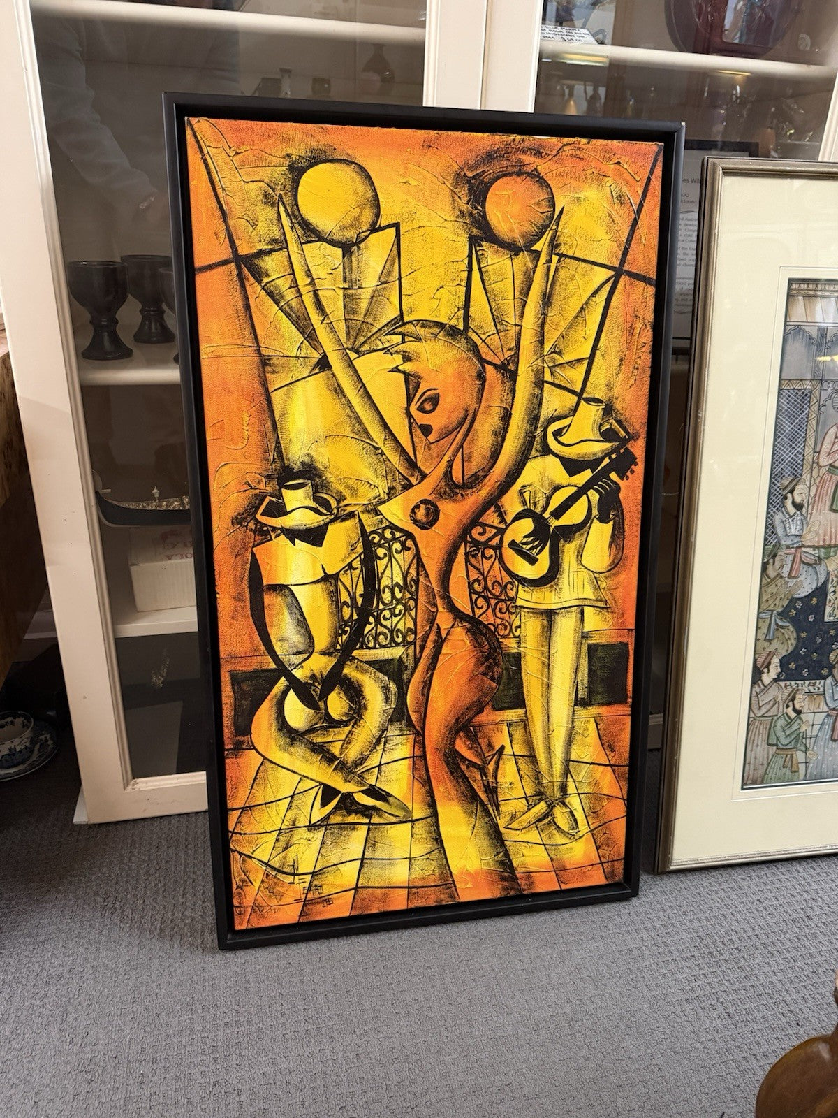 Original Signed Abstract Cubist Musicians Painting 1995 Framed Canvas 94x54cm