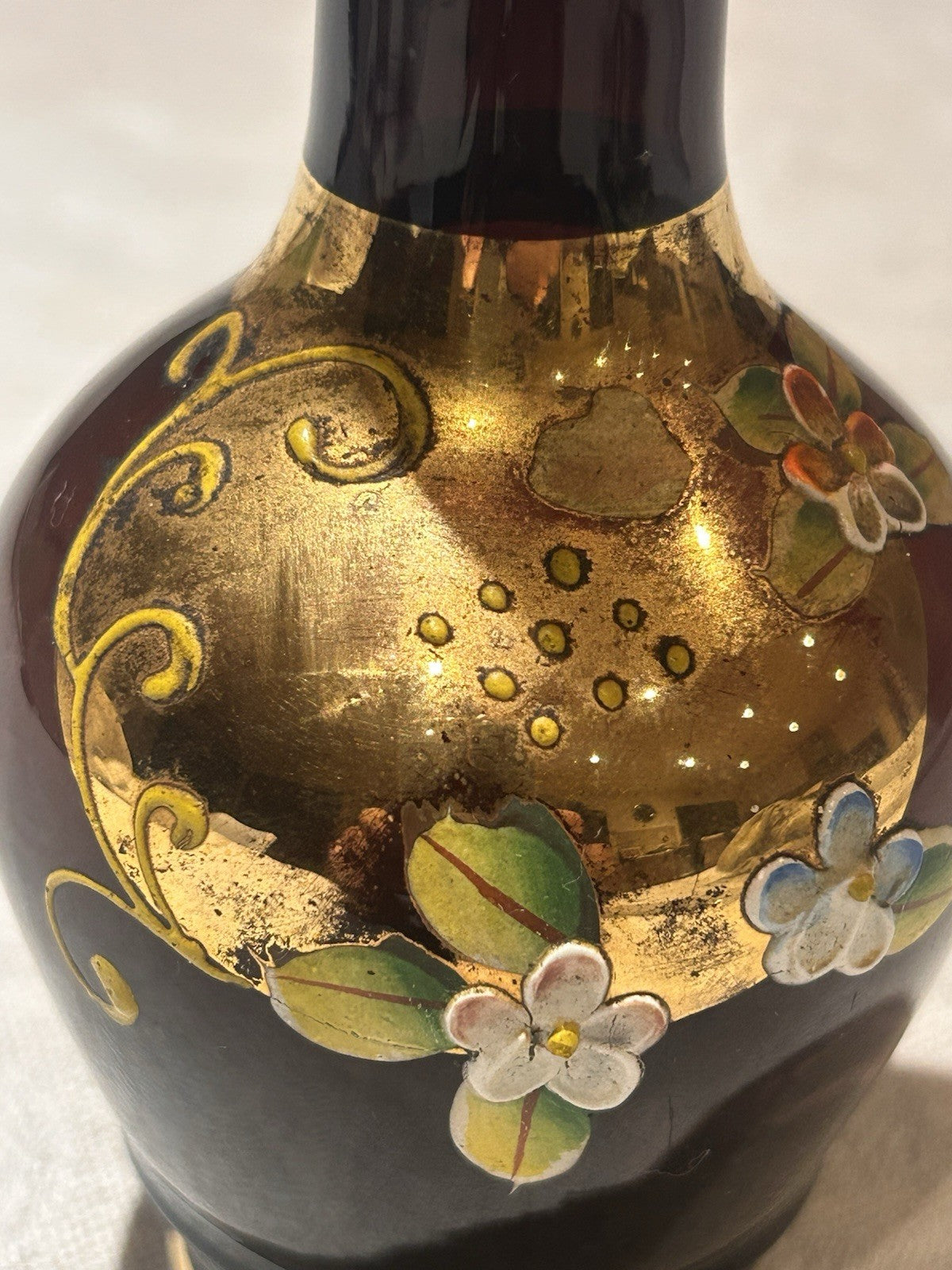 Early 20th Century Hand-Blown Ruby Glass Vase with Gilt & Enamel Floral