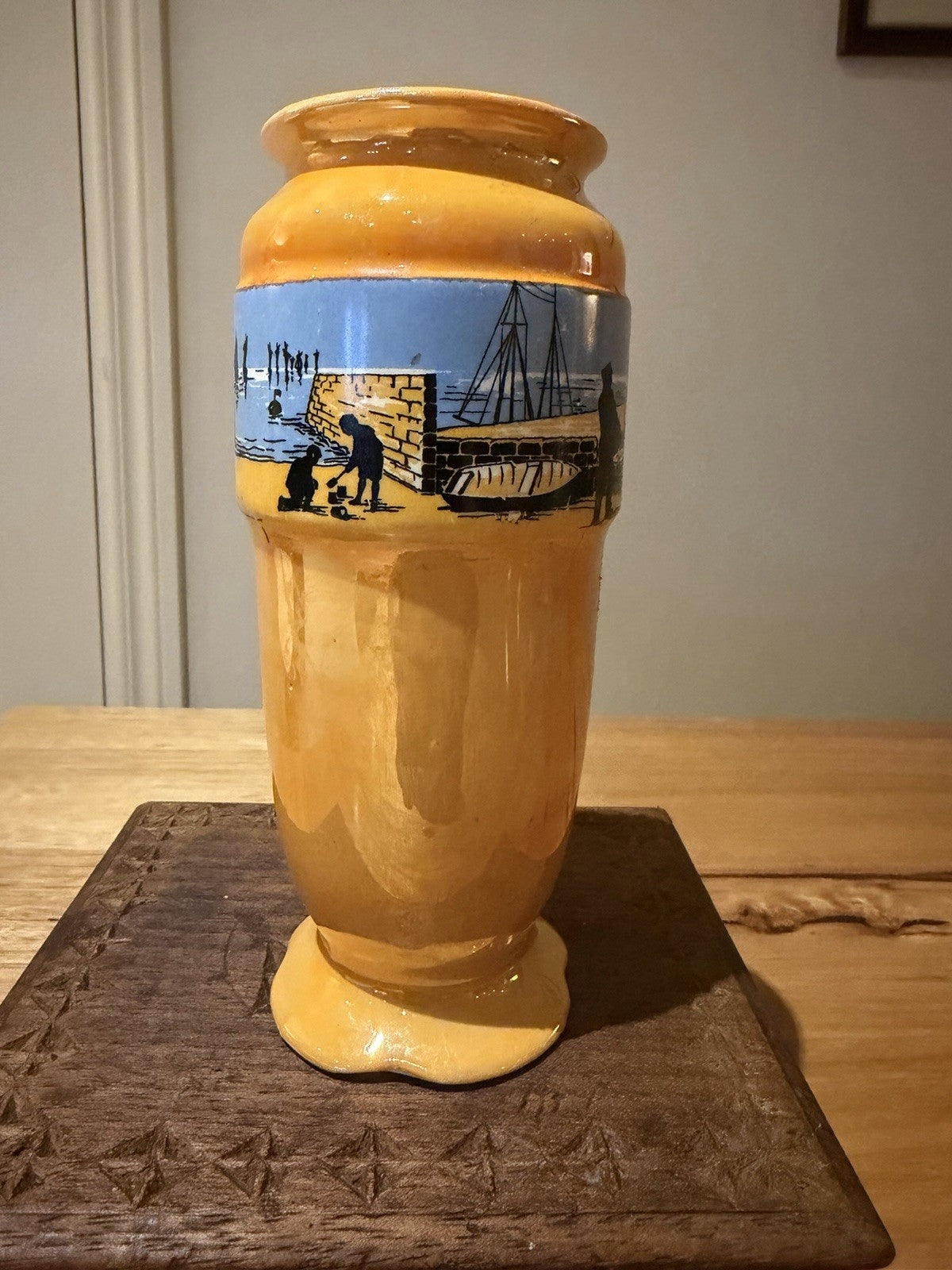 Antique Lancaster & Sons Hanley Footed Orange Lusterware Vase Seaside Fishermen