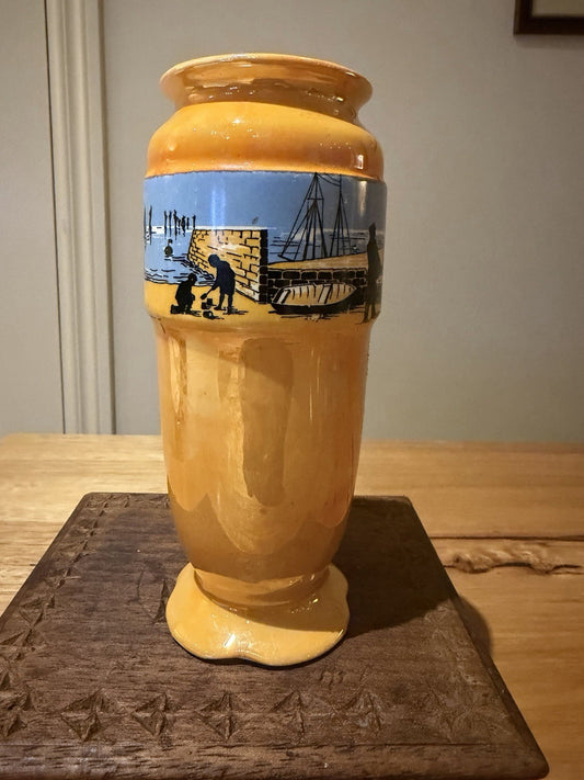 Antique Lancaster & Sons Hanley Footed Orange Lusterware Vase Seaside Fishermen