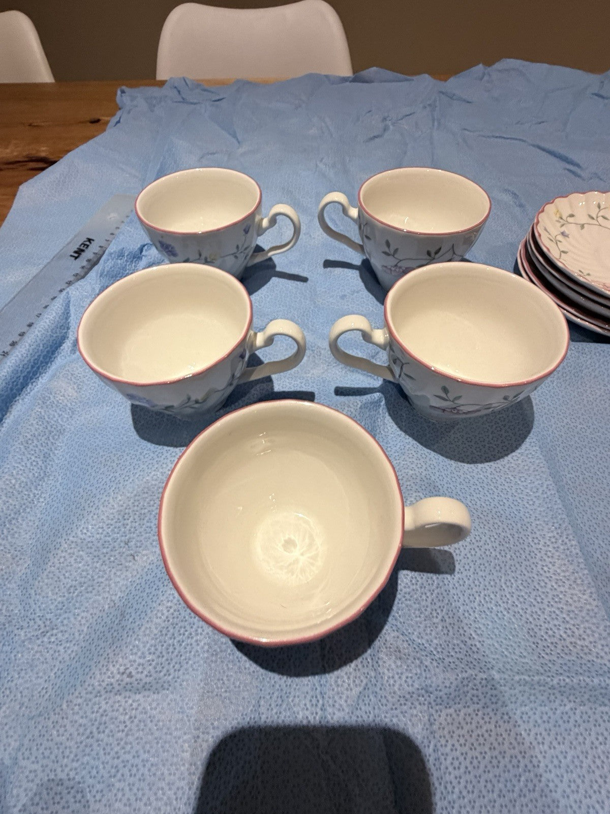 Johnson Brothers Tea Cups Saucers Set 5 Floral Pink Trim England Vintage