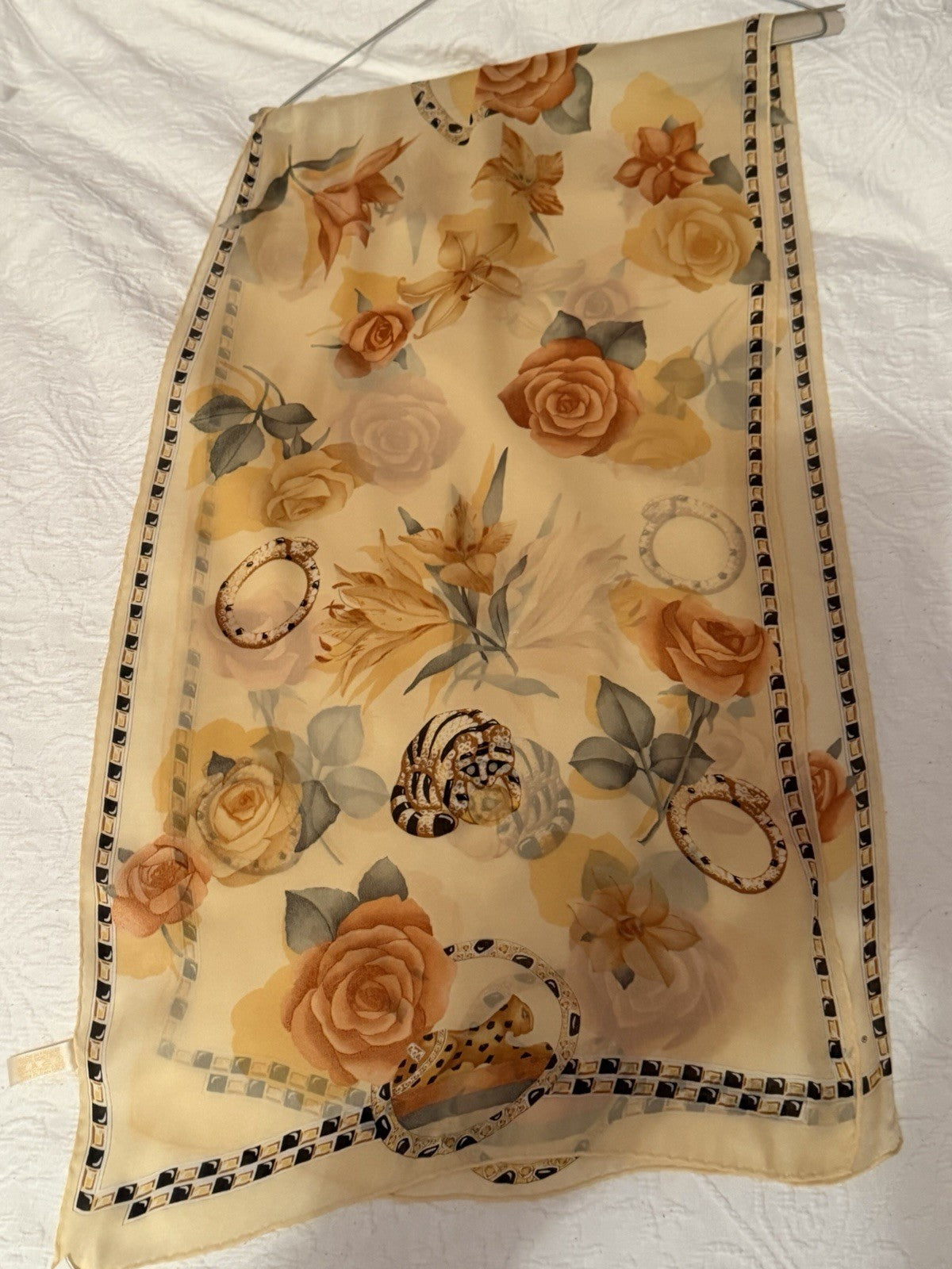 Vintage Cartier Paris Silk Scarf 162cm Panther Jewellery Roses Floral Stole