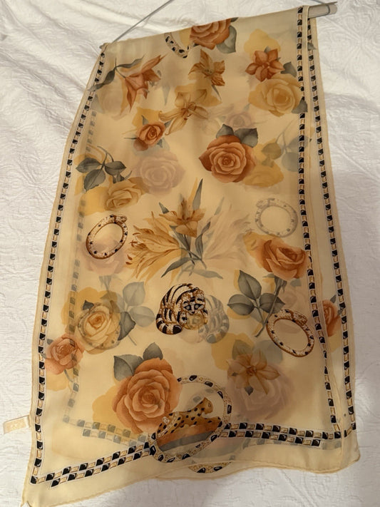 Vintage Cartier Paris Silk Scarf 162cm Panther Jewellery Roses Floral Stole