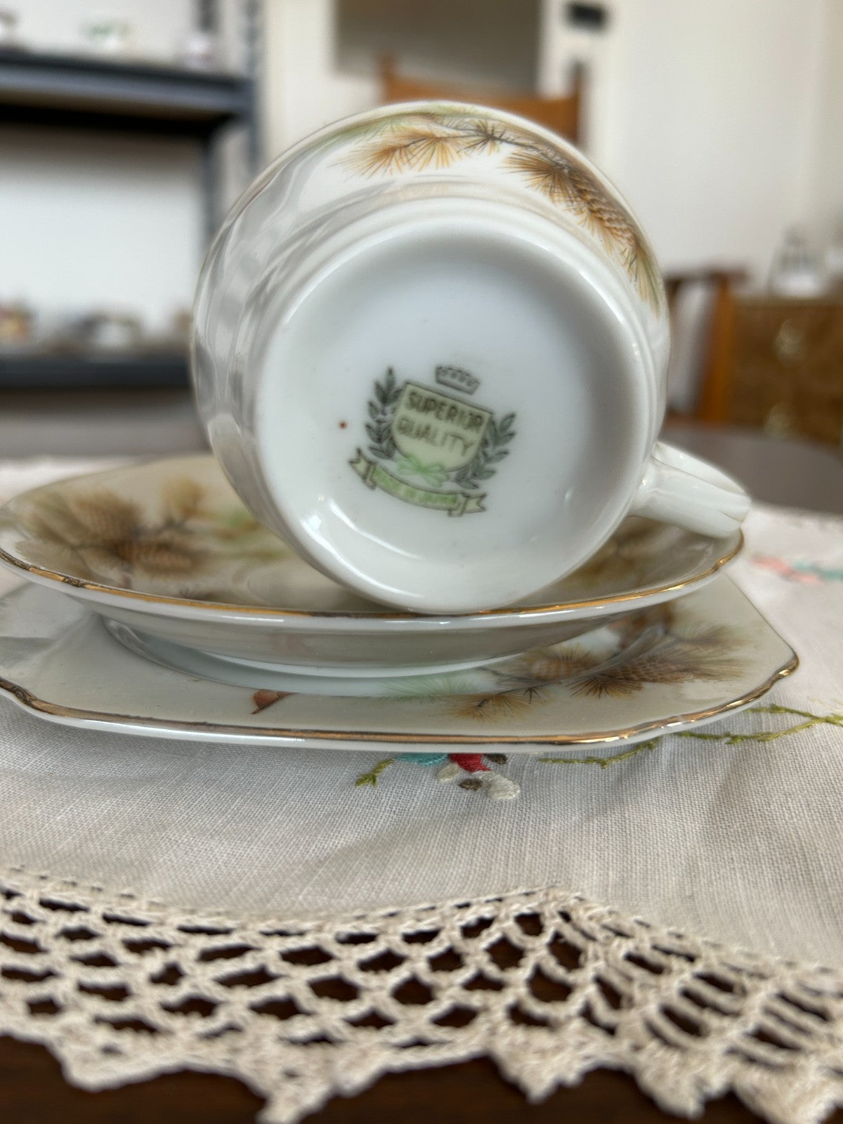 Vintage Pine Cone Bird Tea Trio Cup Saucer Plate Lustreware Japan