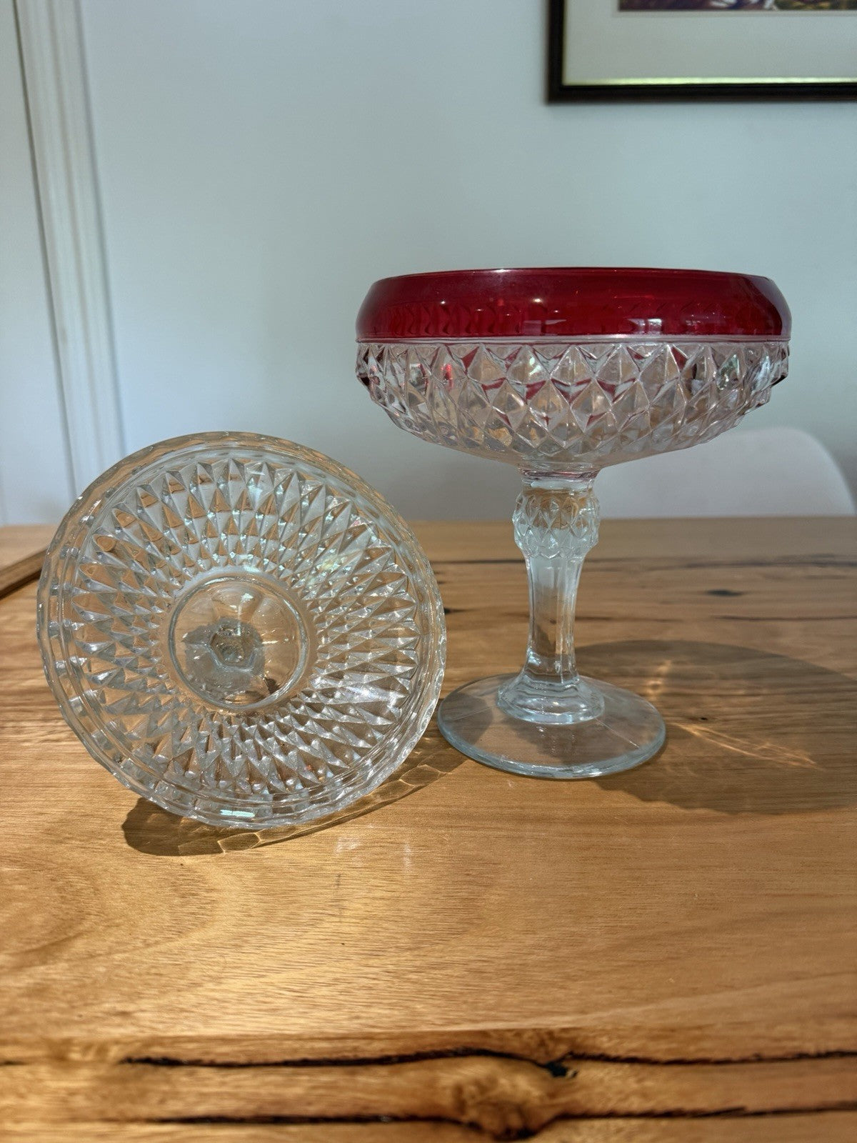 Vintage Indiana Glass Ruby Red Diamond Point Lidded Pedestal Candy Dish USA