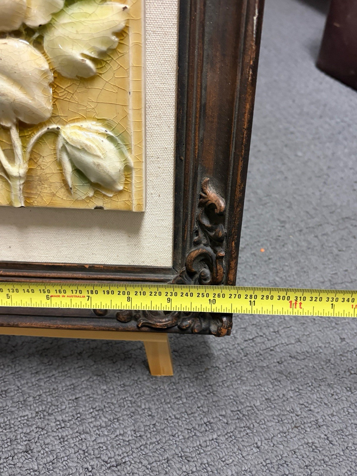 Vintage Art Nouveau Floral Majolica Relief Tile Framed Wall Art No Gold 31cm
