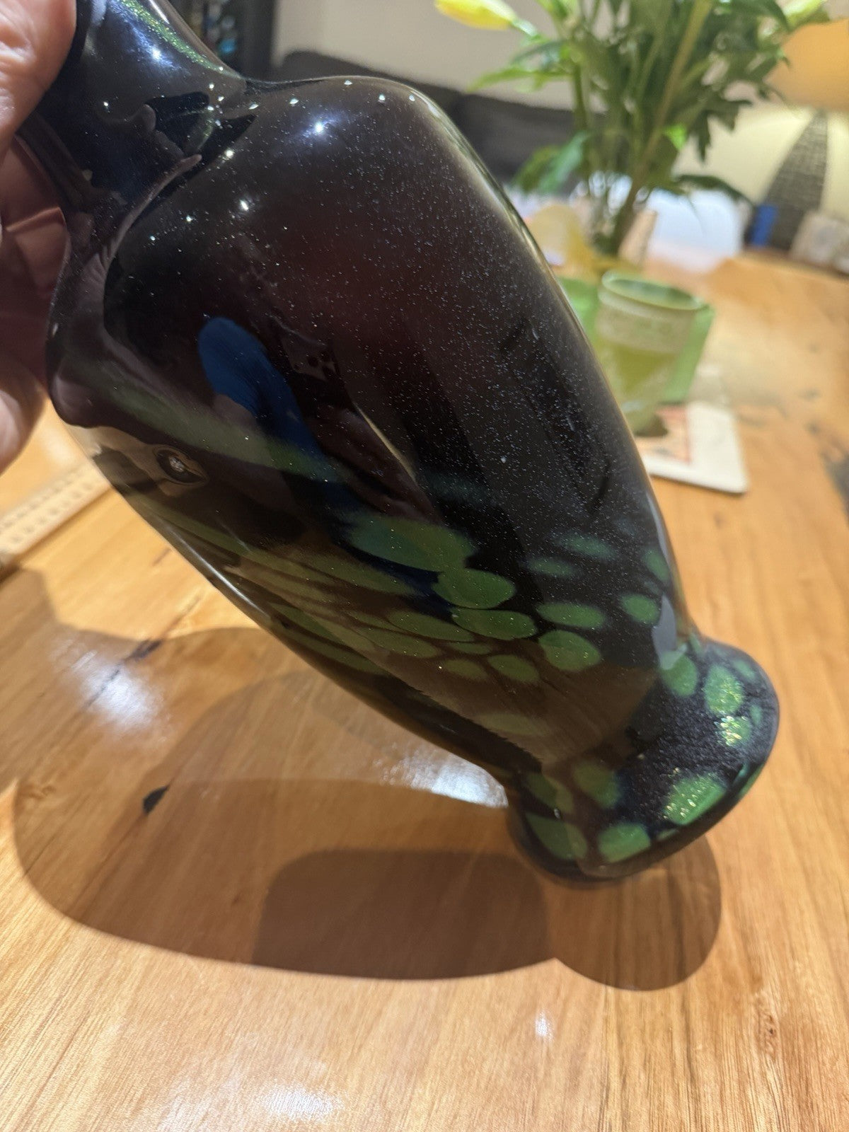Large Black Green Aventurine Art Glass Vase Ruffled Rim 35cm Murano Style