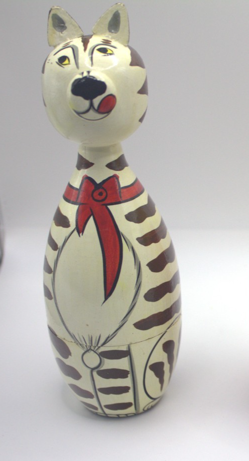 Vintage Hand-Painted Wooden Cat Stacking Doll 20cm Folk Art Decor