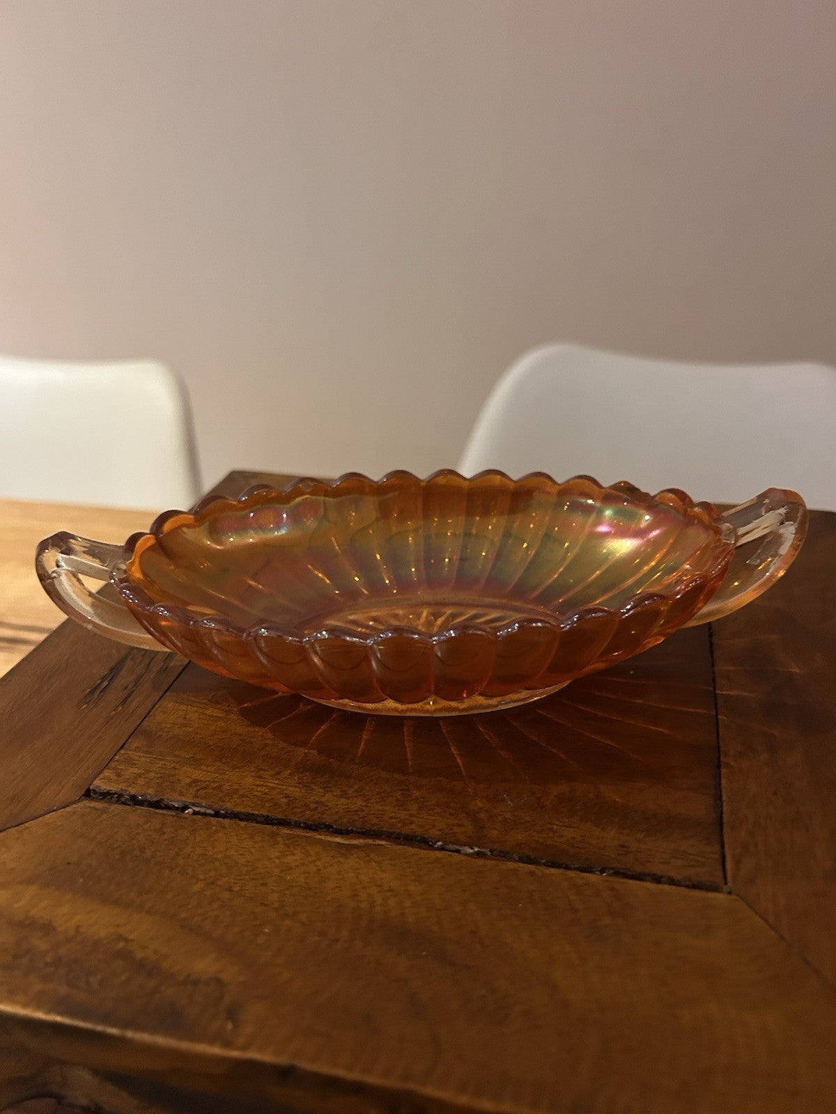 Vintage Amber Carnival Glass Serving Dish Handles Scalloped Bowl 30cm