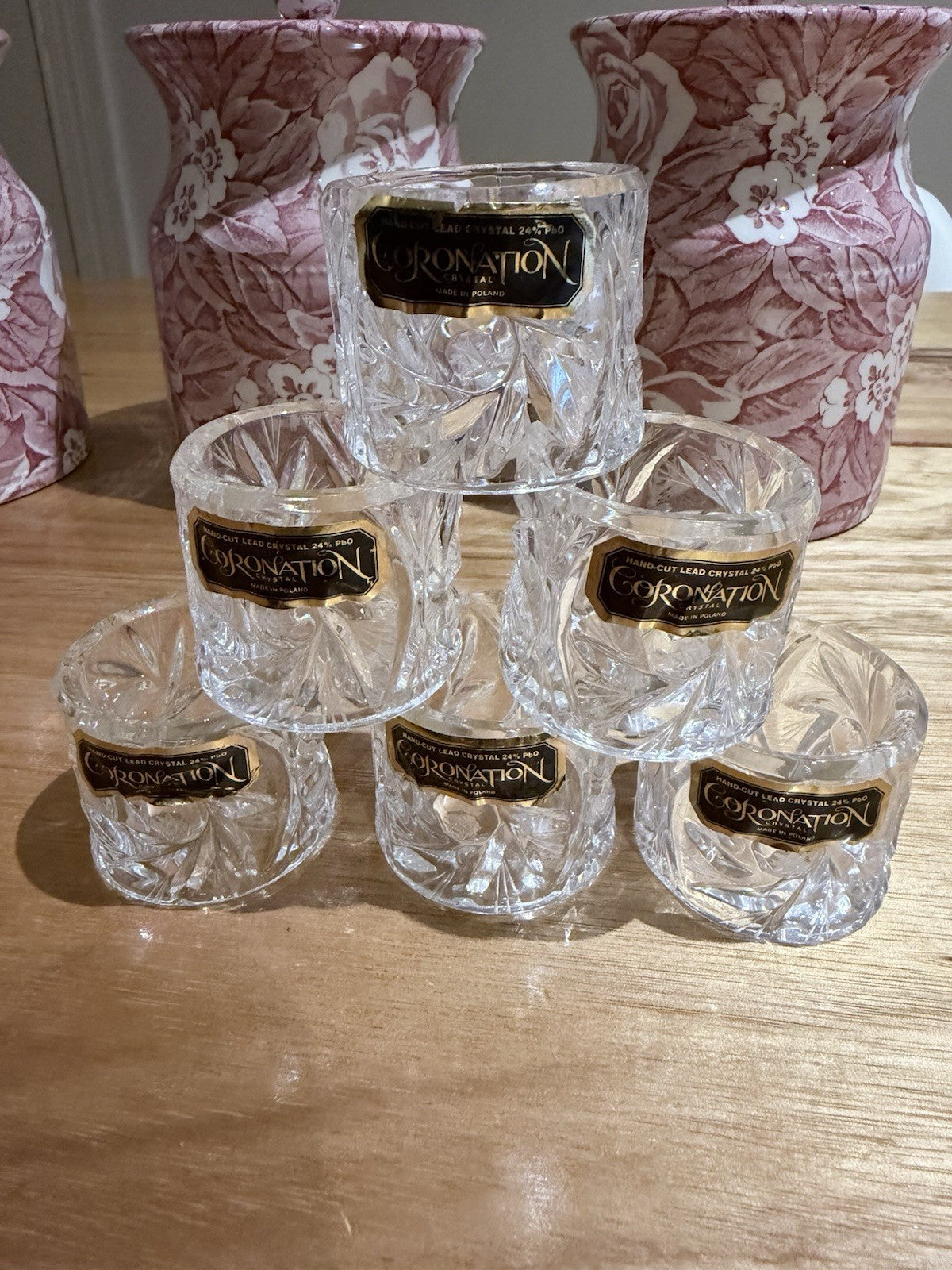 Coronation Crystal Napkin Rings Set 6 Lead Crystal 24% PbO Poland