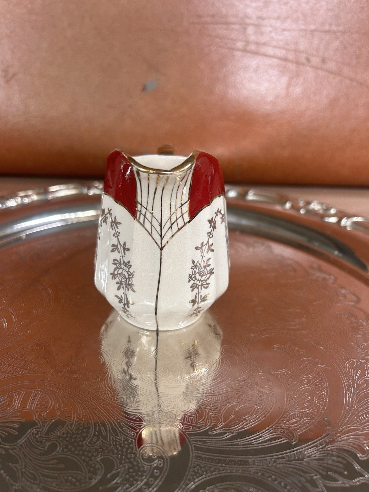 Sadler England Small Cream Jug Red & Gold Floral Art Deco Style 8cm Pottery