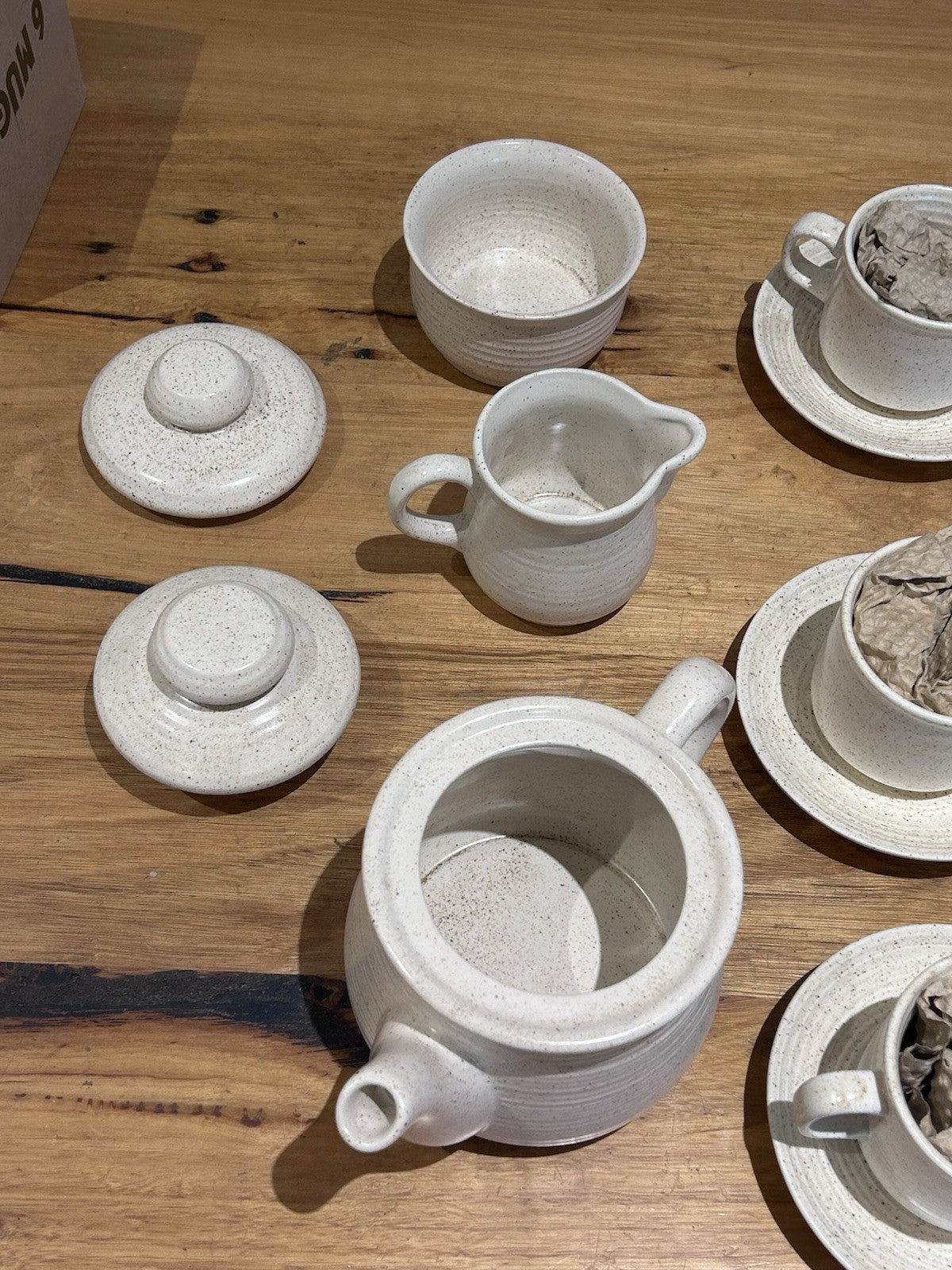 Vintage 1970s Churchill Homespun Stonecast Tea Set 9 Cups Teapot Creamer Sugar