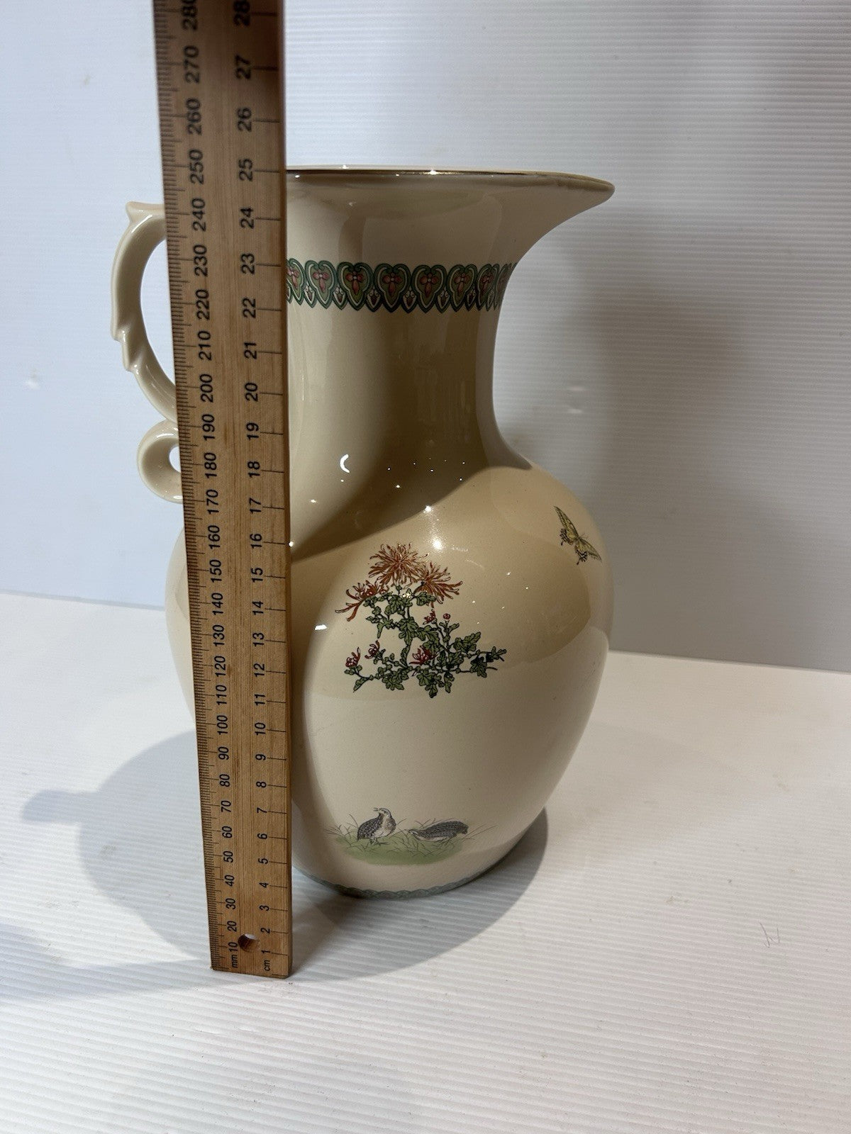 Vintage Shibata Japan Ceramic Jug – Chrysanthemum & Bird Motif – 26cm